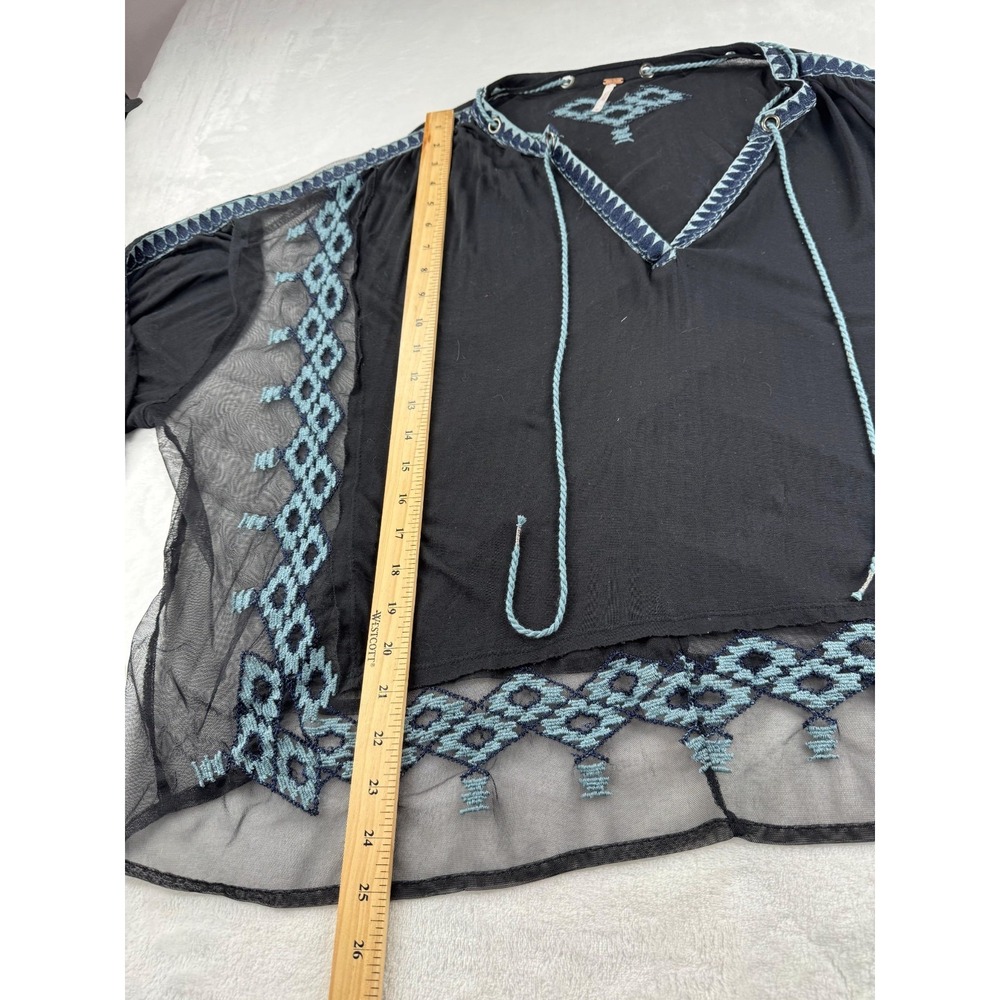 Free People Eden Loose Top Women's Medium Black Aztec Sheer Embroidered V-Neck - Picture 5 of 8